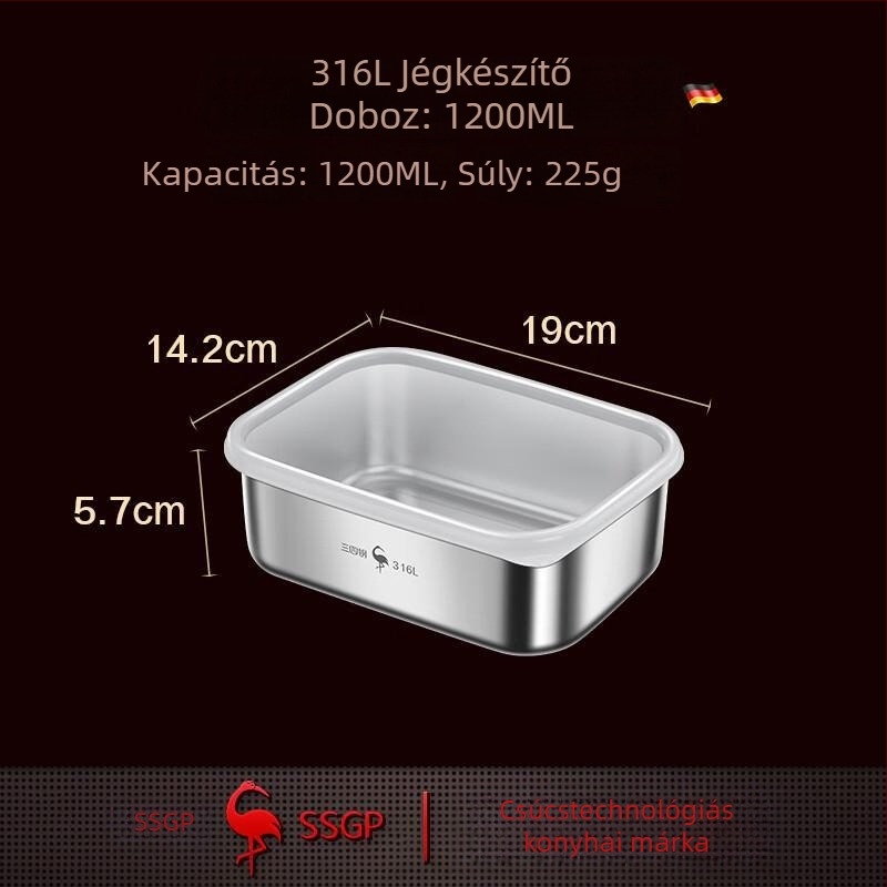 316L rozsdamentes acélból készült ételtároló, téglalap alakú, 500 ml, mikrohullámú sütő kompatibilis, fagyasztó funkció