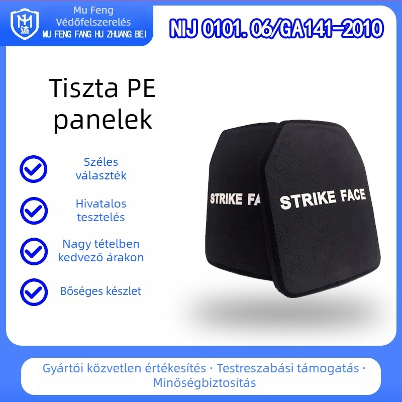 Ballisztikus beépítő lemez, PE anyag, GA3–GA6 védelmi szintek, 7–23 mm vastagság, 0,5–1,75 kg súly