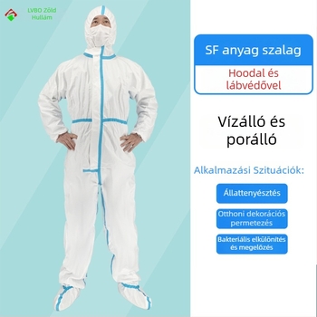 Egyszer használatos kapucnis teljes védőruha lábfej-takaróval, vízálló és porálló, SF lélegző membránból készült nemszövött anyagból, 130 g