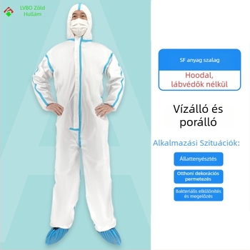 Egyszer használatos kapucnis teljes védőruha lábfej-takaróval, vízálló és porálló, SF lélegző membránból készült nemszövött anyagból, 130 g