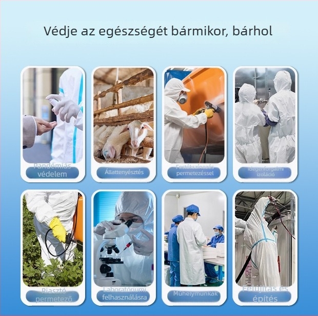 Egyszer használatos kapucnis teljes védőruha lábfej-takaróval, vízálló és porálló, SF lélegző membránból készült nemszövött anyagból, 130 g