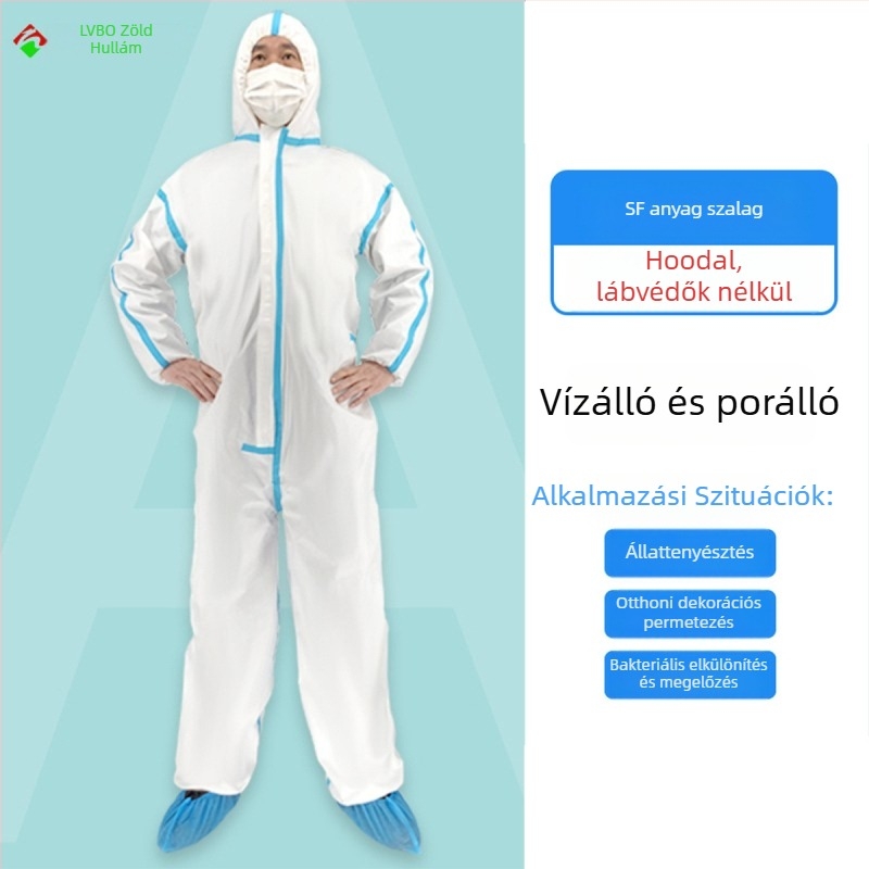 Egyszer használatos kapucnis teljes védőruha lábfej-takaróval, vízálló és porálló, SF lélegző membránból készült nemszövött anyagból, 130 g