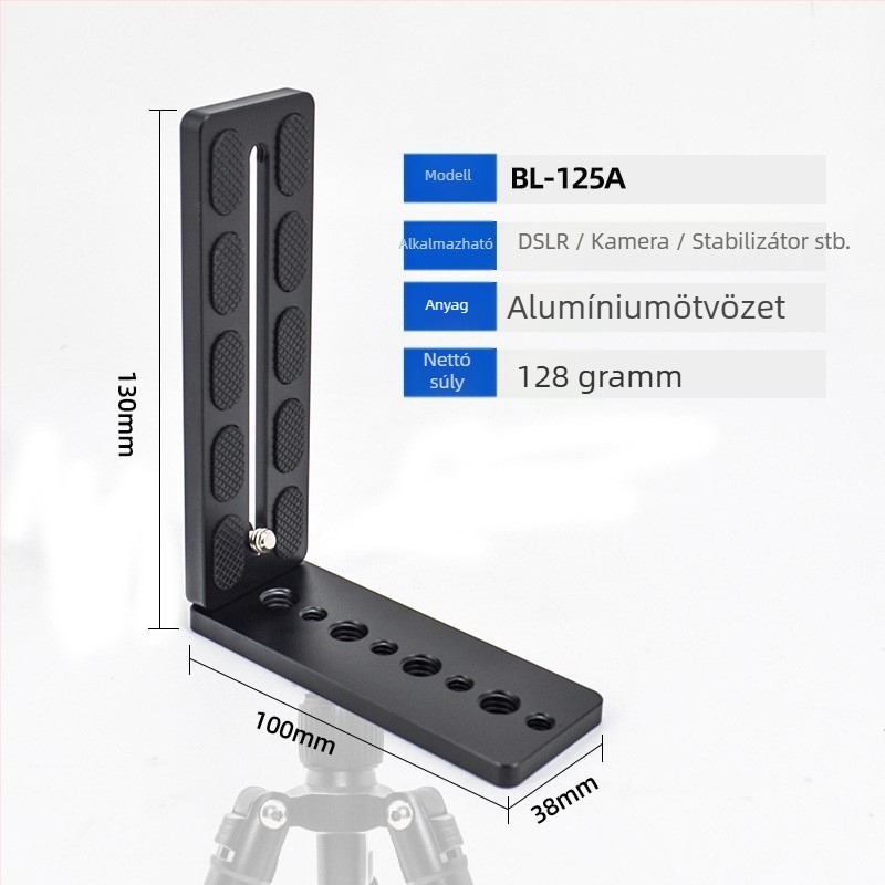 Kamera gyorskioldó tábla, L-típusú, univerzális DSLR és tükröző kamera számára, alumíniumötvözet, teher 2-5 kg, tömeg 0,128 kg