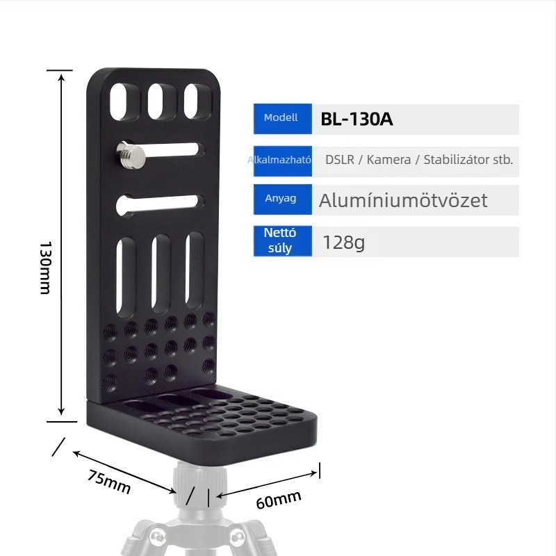 Kamera gyorskioldó tábla, L-típusú, univerzális DSLR és tükröző kamera számára, alumíniumötvözet, teher 2-5 kg, tömeg 0,128 kg