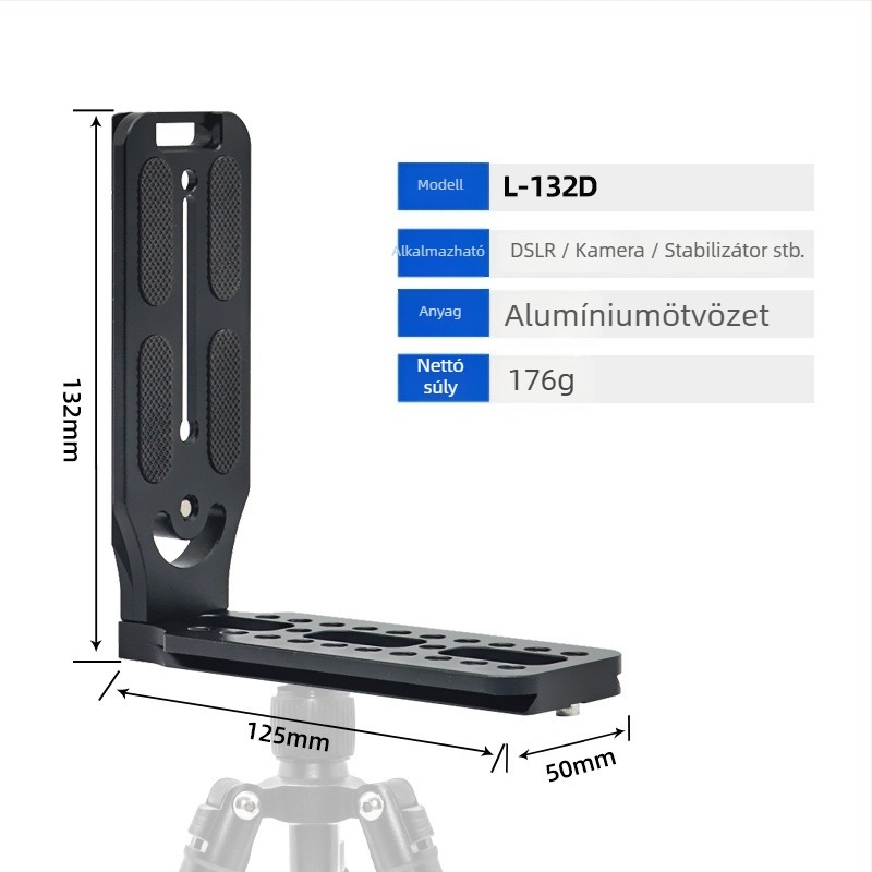 Kamera gyorskioldó tábla, L-típusú, univerzális DSLR és tükröző kamera számára, alumíniumötvözet, teher 2-5 kg, tömeg 0,128 kg