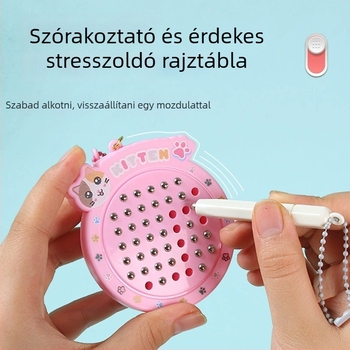 Macska témájú mágneses rajztábla acélgolyókkal – műanyag, kulcskarika hurkolóval, önálló csomagolás, aranyos stílus