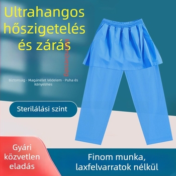 Mellény-stílusú egyszer használatos anális vizsgálathoz készült nadrág, SMS nemszövött anyagból, béléses és megerősített, kórházi használatra, ultrahangos varrás technológiával.