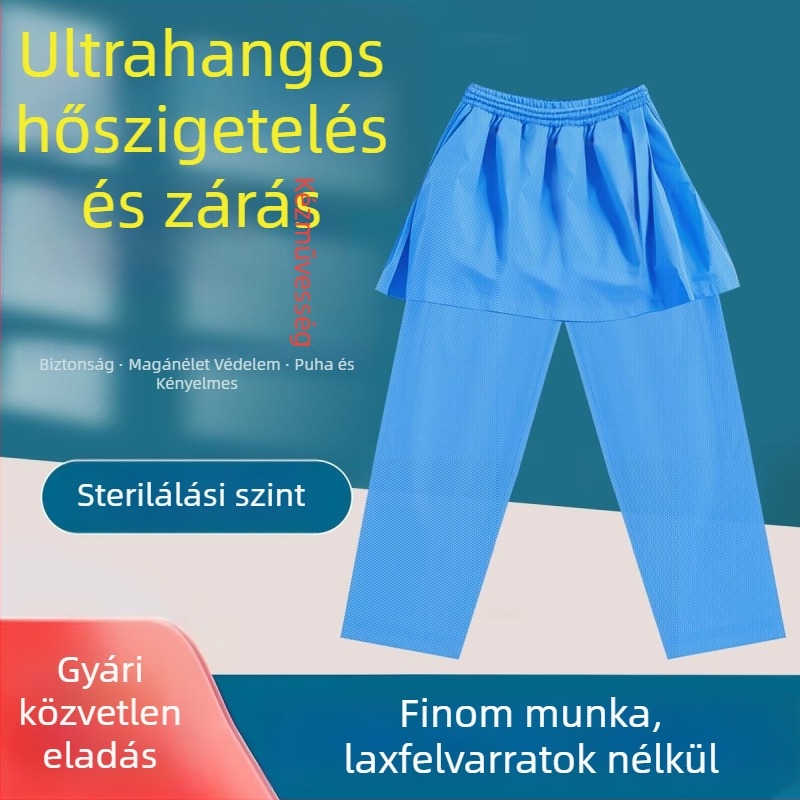 Mellény-stílusú egyszer használatos anális vizsgálathoz készült nadrág, SMS nemszövött anyagból, béléses és megerősített, kórházi használatra, ultrahangos varrás technológiával.