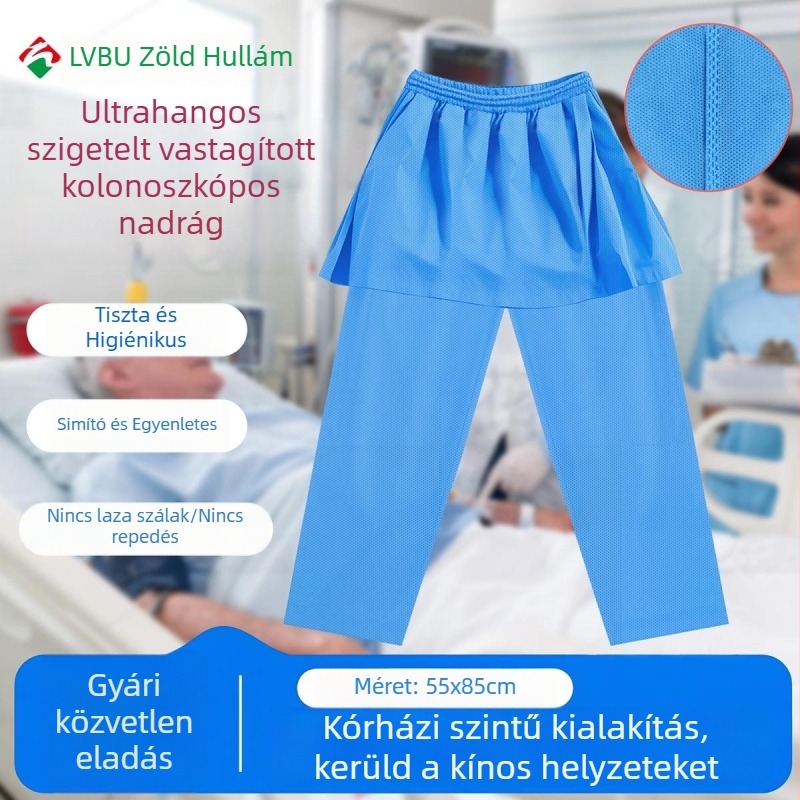 Mellény-stílusú egyszer használatos anális vizsgálathoz készült nadrág, SMS nemszövött anyagból, béléses és megerősített, kórházi használatra, ultrahangos varrás technológiával.