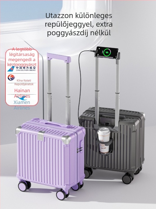 Unisex ABS+PC poggyász USB-porttal, pohártartóval és telefontartóval, univerzális kerekekkel, kombinációs zár
