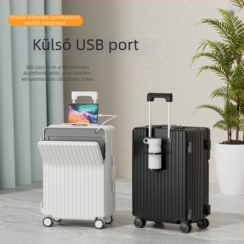 Art Source Elől nyíló utazótáska, 2025 nagy kapacitású PC anyagból, USB-porttal és pohártartóval, 360° kerekek