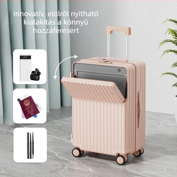 Art Source Elől nyíló utazótáska, 2025 nagy kapacitású PC anyagból, USB-porttal és pohártartóval, 360° kerekek