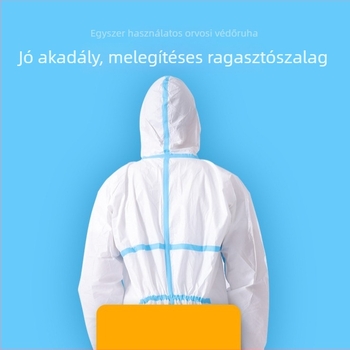 Egyszer használatos védőruha laminált PP+PE nem szövött anyagból, kapucnival és lábvédőkkel, vízálló