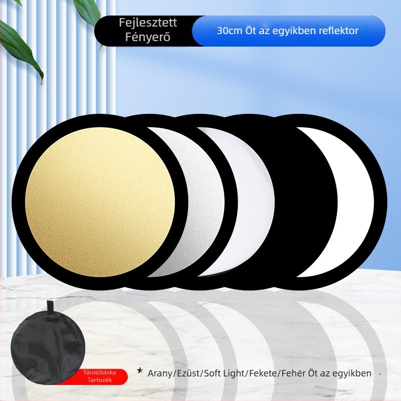 Fotóreflektor, öt‑in‑egy kör alakú összecsukható, beltéri és kültéri használatra, modell Combination, súly 0,2 kg