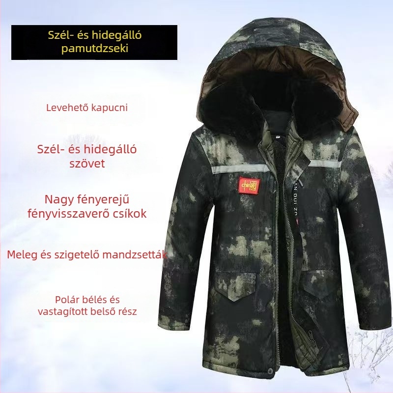 Középhosszú kamuflázs mintázatú pamutkabát, vastag béléses munkaruha, kopásálló, vízálló és meleg kültéri kabát