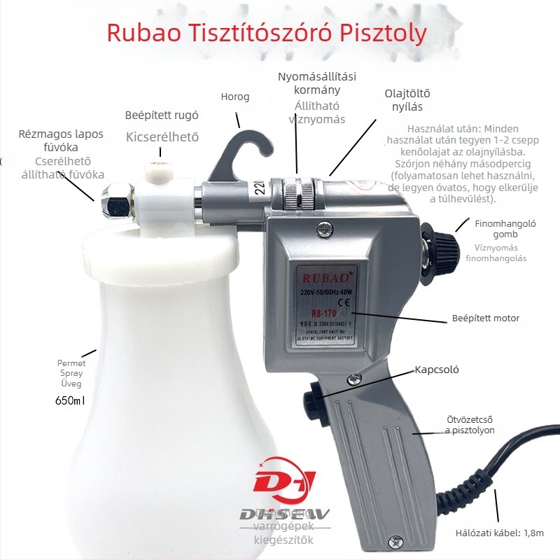 RB-170 dezinficáló permetezőpisztoly ötvözet testtel, 40 W, permetezési távolság 1000 mm