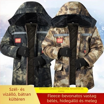 Férfi téli kabát kamufláž mintával, fényvisszaverő részletekkel, fleece béléssel, középhosszú, vízálló és hidegálló.