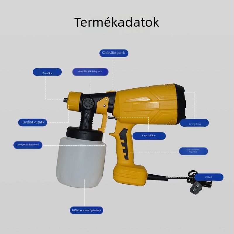 AC elektromos festékszóró – nagy teljesítmény, energiatakarékos működés, 450W, 200V, fúvóka 1,5 mm, edény 1000 ml, alkalmas festésre és fertőtlenítésre