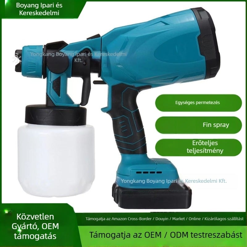 Újratölthető lítium-akkumulátoros festékszórópisztoly, vezeték nélküli, 21V, festék- és latexfelhasználásra, 800 ml tartály