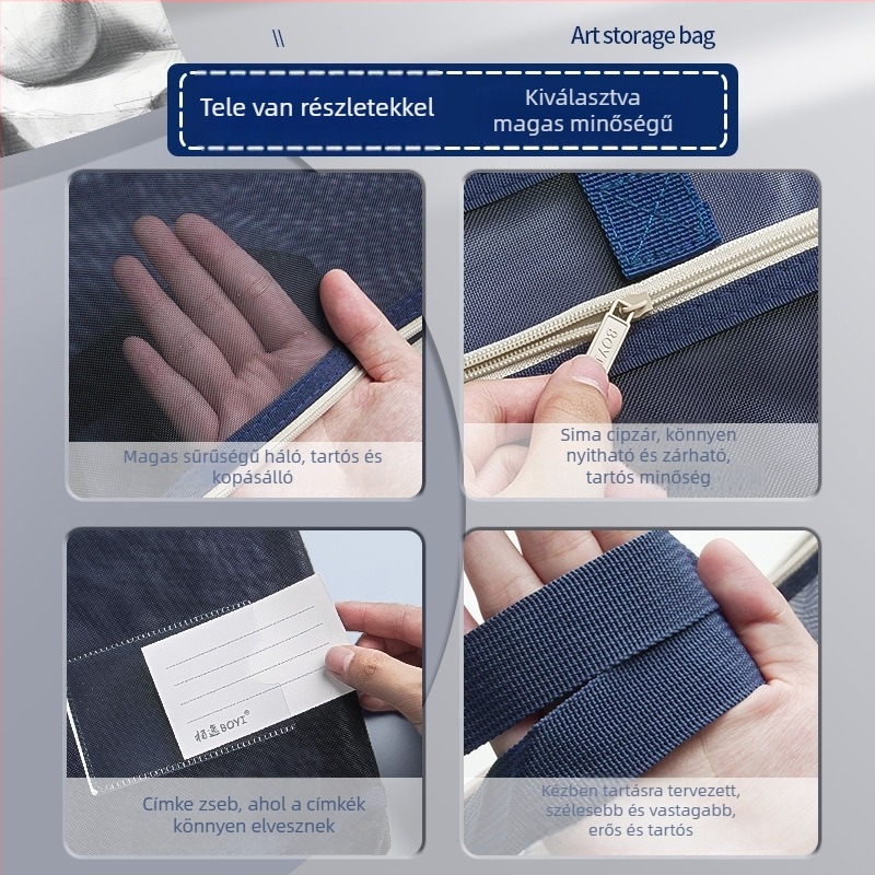 A3 Dokumentumtároló táska nylon hálós anyagból, cipzár, egyszerű stílus, sokoldalú irodai és diák használatra