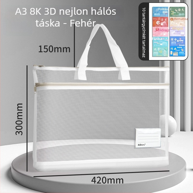 A3 Dokumentumtároló táska nylon hálós anyagból, cipzár, egyszerű stílus, sokoldalú irodai és diák használatra