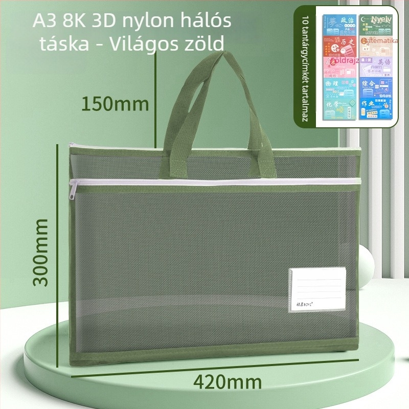 A3 Dokumentumtároló táska nylon hálós anyagból, cipzár, egyszerű stílus, sokoldalú irodai és diák használatra