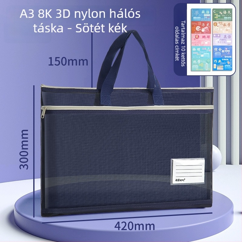 A3 Dokumentumtároló táska nylon hálós anyagból, cipzár, egyszerű stílus, sokoldalú irodai és diák használatra