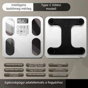 Bluetooth-kapcsolatú testsúly- és testzsírmérő skála, USB-C töltőporttal, nagy pontosságú, otthoni használatra