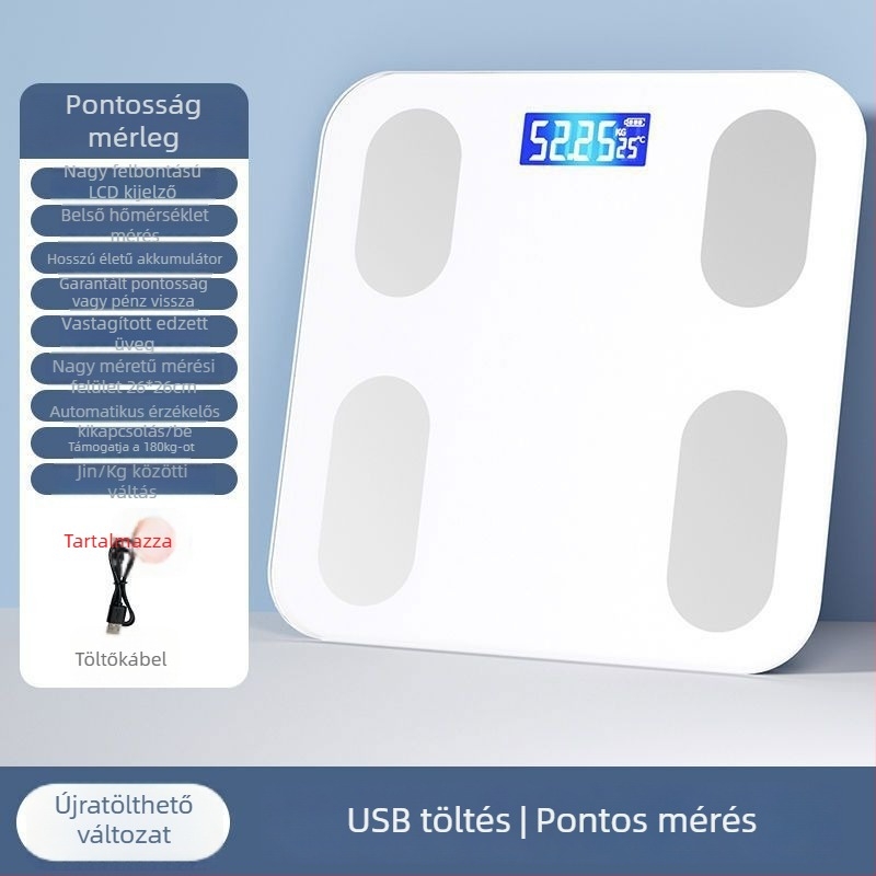 Bluetooth-kapcsolatú testsúly- és testzsírmérő skála, USB-C töltőporttal, nagy pontosságú, otthoni használatra