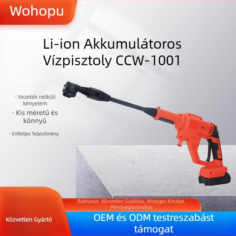 Vezeték nélküli hordozható elektromos autómosó pisztoly, fej műanyag+fém, markolat gumírozott bevonattal, permetezési távolság 7–8 m, víznyomás 25