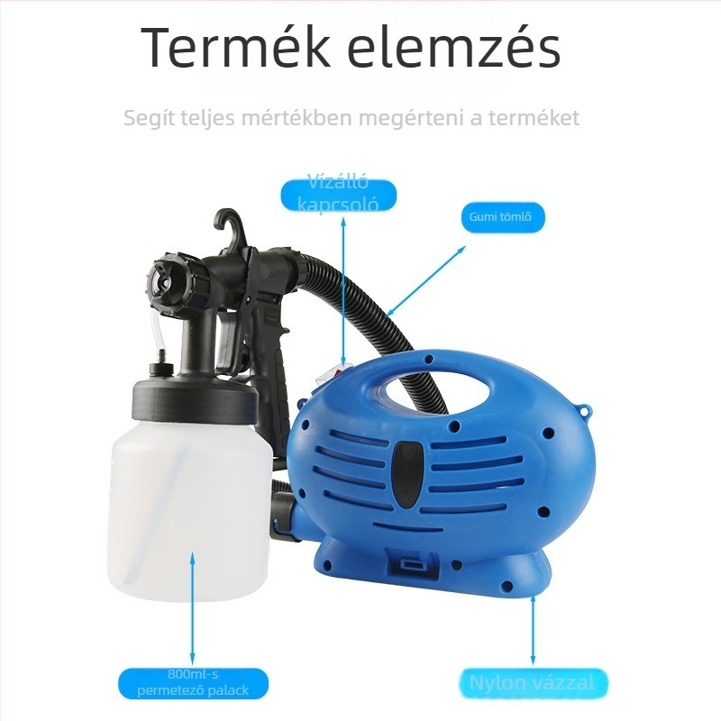 Elektromos festékszóró pisztoly, hordozható, nagy nyomású, könnyű, testre szabható az európai és amerikai szabványok szerint; 650W, max nyomás 1 MPa, max áramlás 800 ml/min, optimális permetezési távolság 300 mm, súly 1,8 kg