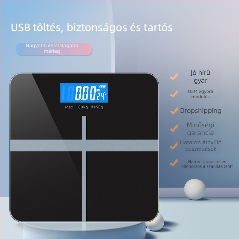 CB2615 okos Bluetooth testzsírmérleg, LCD 60x24, 0,2–180 kg, edzett üveg, USB-C tölthető