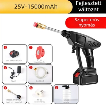 Hordozható vezeték nélküli magasnyomású autómosó vízpisztoly – ST-2, 50 bar, 6–8 m permetezési távolság, lítium akkumulátor, műanyag + rozsdamentes acél