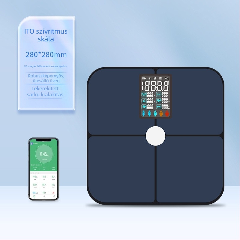 Bluetooth-szal működő testsúly mérleg, iOS alkalmazás, 4 magas pontosságú szenzor, 0,3–180 kg tartomány, Edzett üveg