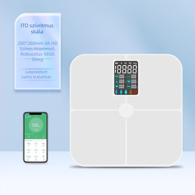 Bluetooth-szal működő testsúly mérleg, iOS alkalmazás, 4 magas pontosságú szenzor, 0,3–180 kg tartomány, Edzett üveg