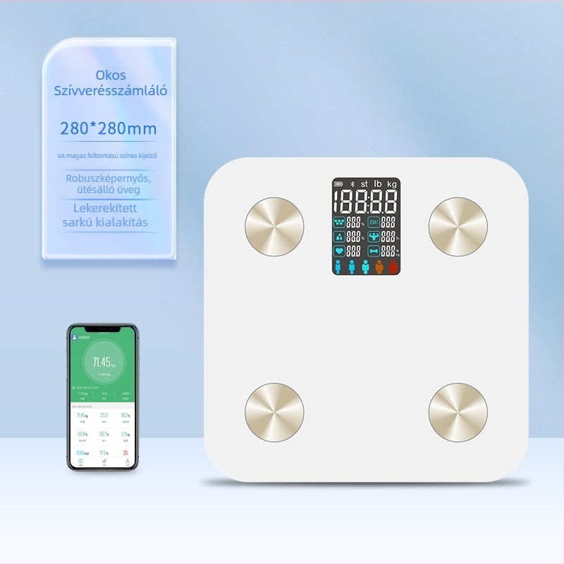 Bluetooth-szal működő testsúly mérleg, iOS alkalmazás, 4 magas pontosságú szenzor, 0,3–180 kg tartomány, Edzett üveg