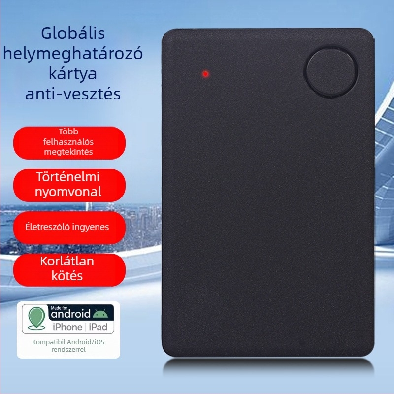 F1 kártya GPS tracker — ultra vékony, 38×34×9 mm, GPS pontosság 10 m, IP67 vízálló, 180 napos akkumulátor-élettartam, beépített antenna