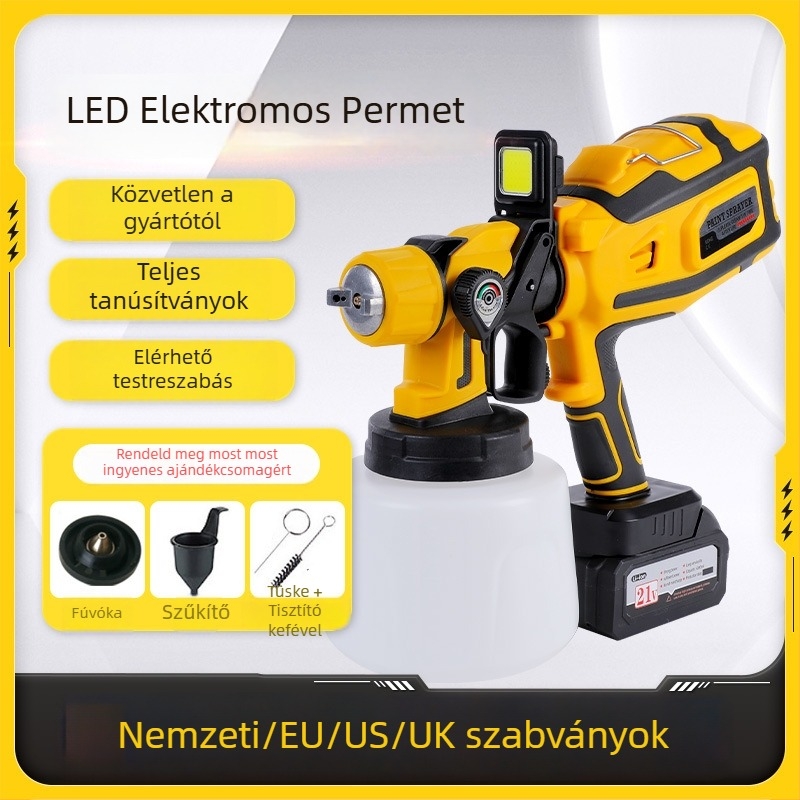 Mingsheng LED Elektromos Latexfesték Szórópisztoly – Li‑ion akkumulátor, 220V, 1.8 mm fúvóka, 900 ml tartály, nettó tömeg 1.5 kg