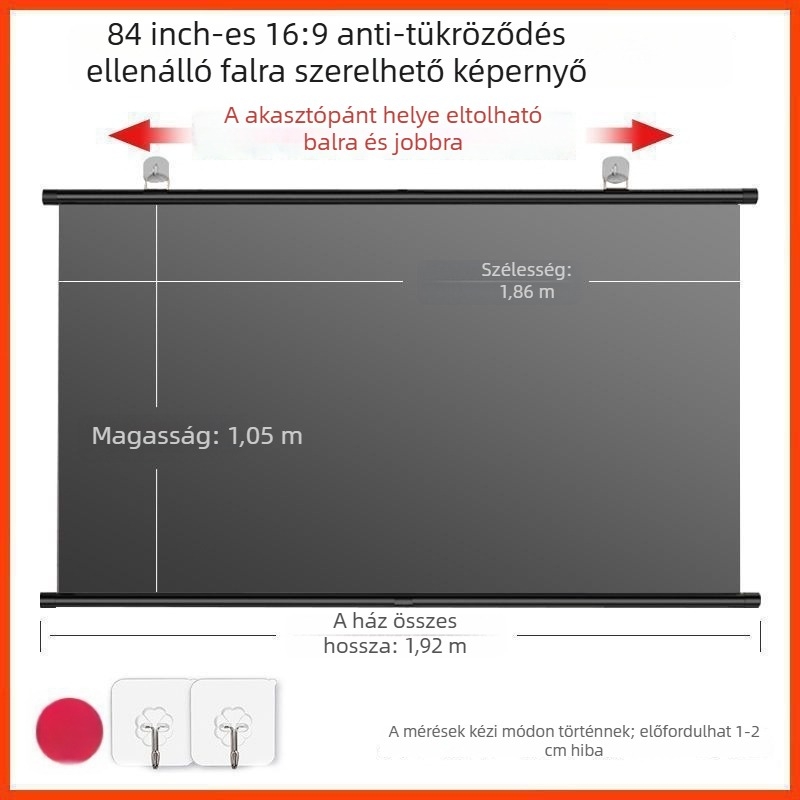 Hordozható anti-glare vetítővászon falra szerelhető kampóval, fúrás nélkül