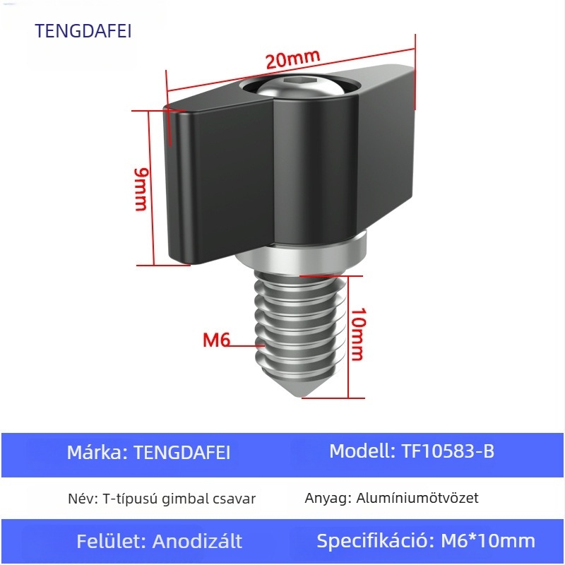TF10580 PTZ zárócsavar T-formájú állítható fogantyúval, M3/M4/M5/M6, alumíniumötvözet + szénacél, kis PTZ-khez, teherbírás 2–5 kg