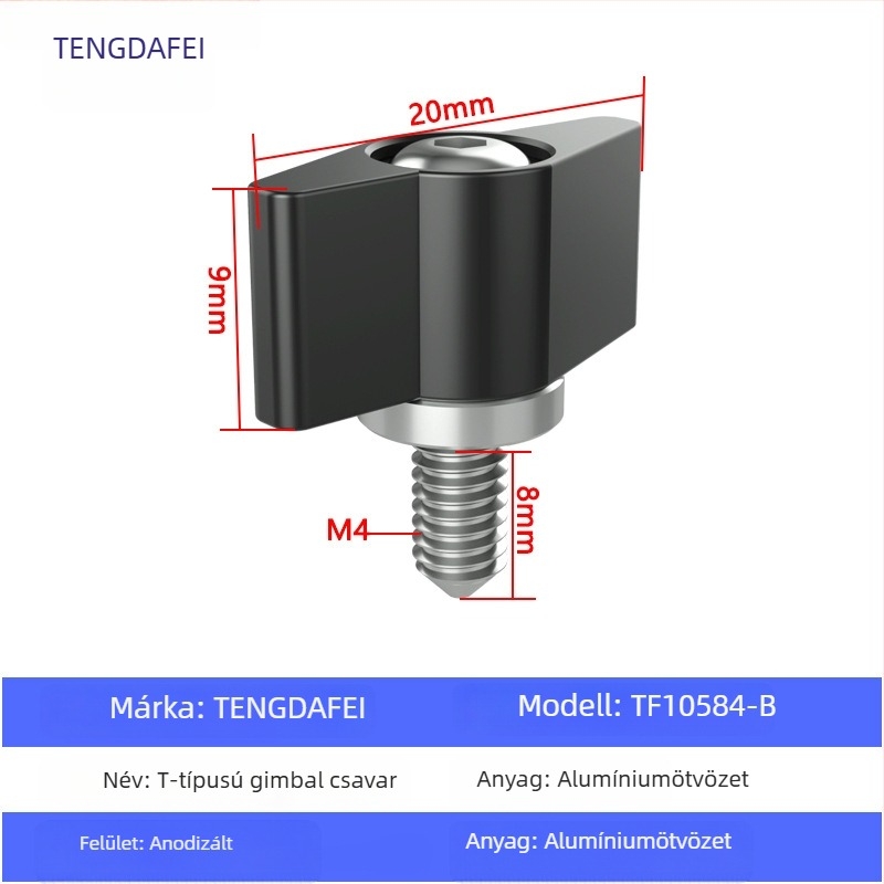 TF10580 PTZ zárócsavar T-formájú állítható fogantyúval, M3/M4/M5/M6, alumíniumötvözet + szénacél, kis PTZ-khez, teherbírás 2–5 kg