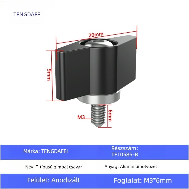 TF10580 PTZ zárócsavar T-formájú állítható fogantyúval, M3/M4/M5/M6, alumíniumötvözet + szénacél, kis PTZ-khez, teherbírás 2–5 kg