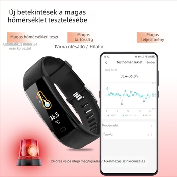 Hőmérsékletet mérő intelligens karkötő szívritmus-figyeléssel, Bluetooth, üzemidő akár 7 nap, TFT kijelző, téglalap alakú számlap
