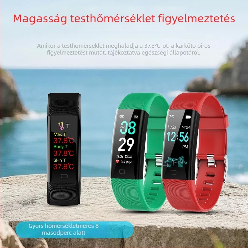 Hőmérsékletet mérő intelligens karkötő szívritmus-figyeléssel, Bluetooth, üzemidő akár 7 nap, TFT kijelző, téglalap alakú számlap