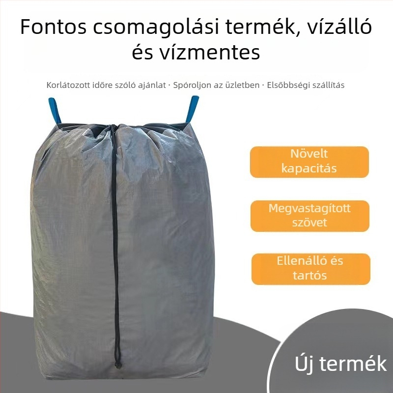 Plasztikus szövött konténertáska laminált PP+PE filmmel, logó nyomtatás, önzáró, húzózsinóros zárás, vastagság 160/180