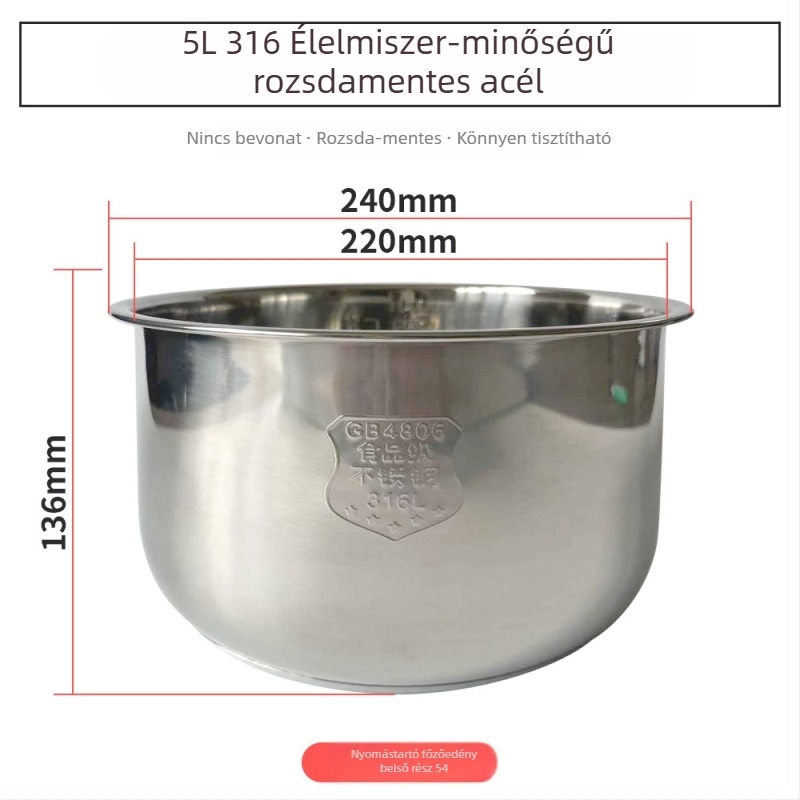 Elektromos nyomásfőző 316-os élelmiszer-minőségű rozsdamentes acél belsővel; többfunkciós – rizs, hús, leves és párolt sütemény; fedél típusok: rozsdamentes acél, acél gyűrű és szilikon tömítés