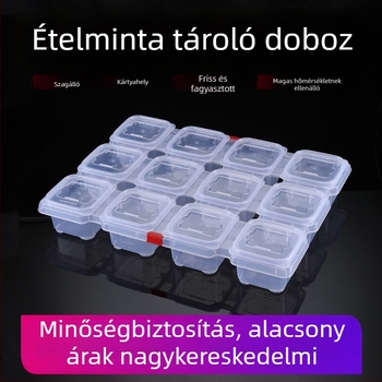 Műanyag 12 rekeszes mintavételi doboz kantin számára, négyszögletes alak, mikrohullámú sütőben használható, kapacitás alatt 300 ml, logóval ellátva