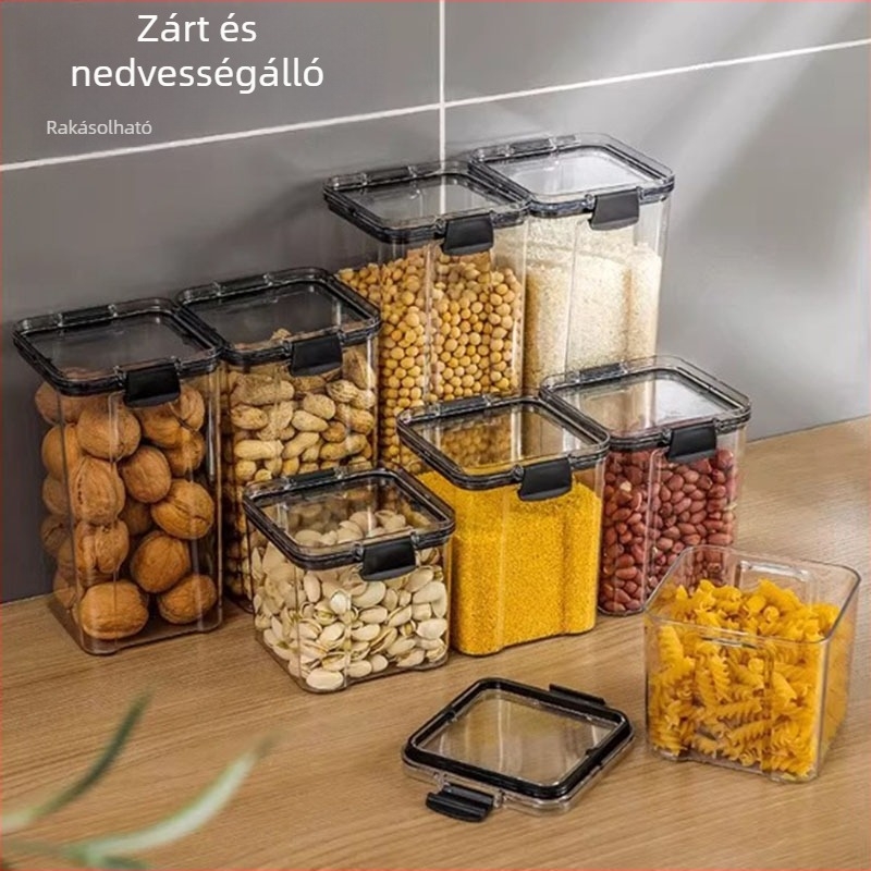 Négyszögletes élelmiszertároló tartály, nagy kapacitású, gabonák és konyhai hozzávalók számára