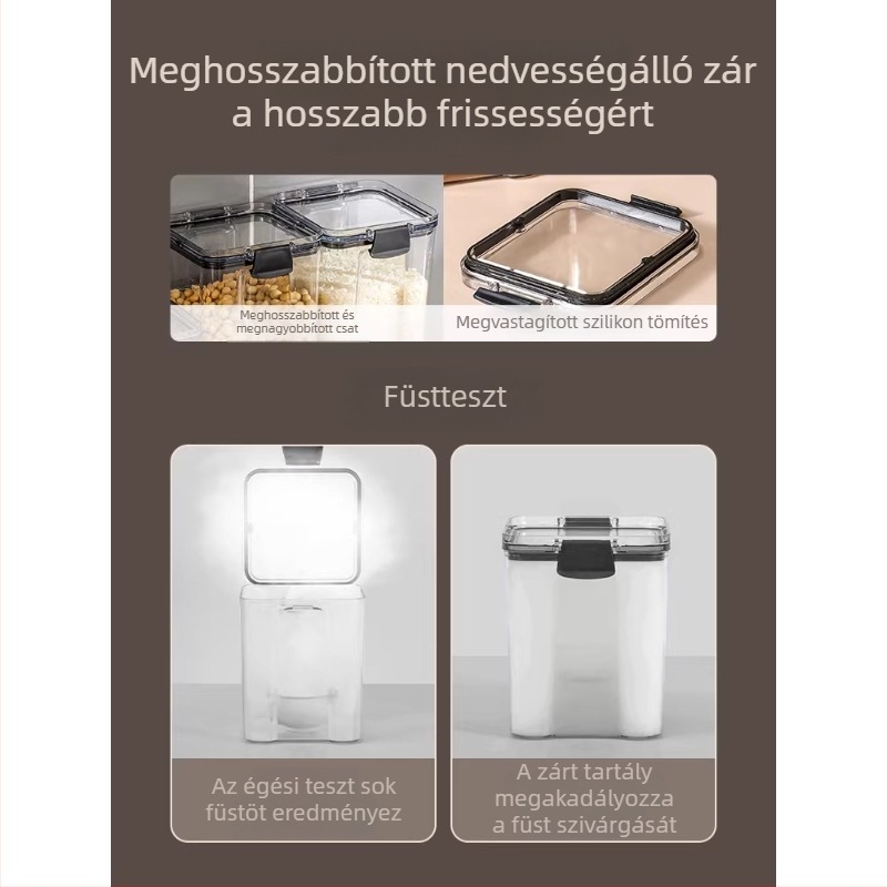 Négyszögletes élelmiszertároló tartály, nagy kapacitású, gabonák és konyhai hozzávalók számára