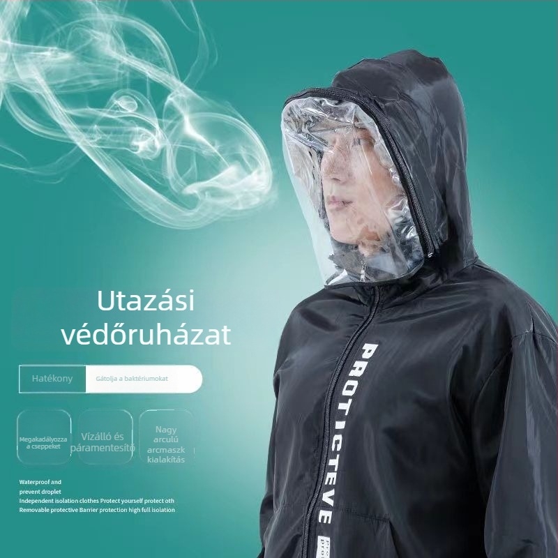 Polgári védelmi védőruha, védelem a cseppekkel szemben, osztott kivitelű izolációs ruha, vízálló esőkabát leválasztható védőmaszkkal, poliészter